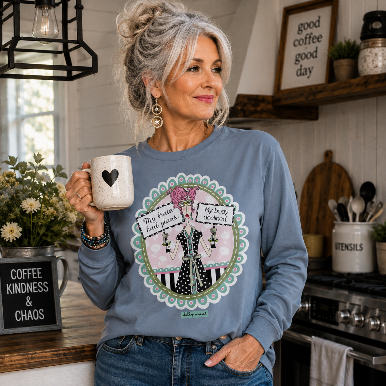 Funny Relatable Long Sleeve T-Shirt Blue Jean – My Brain Had Plans. My Body Declined. | Dolly Mama