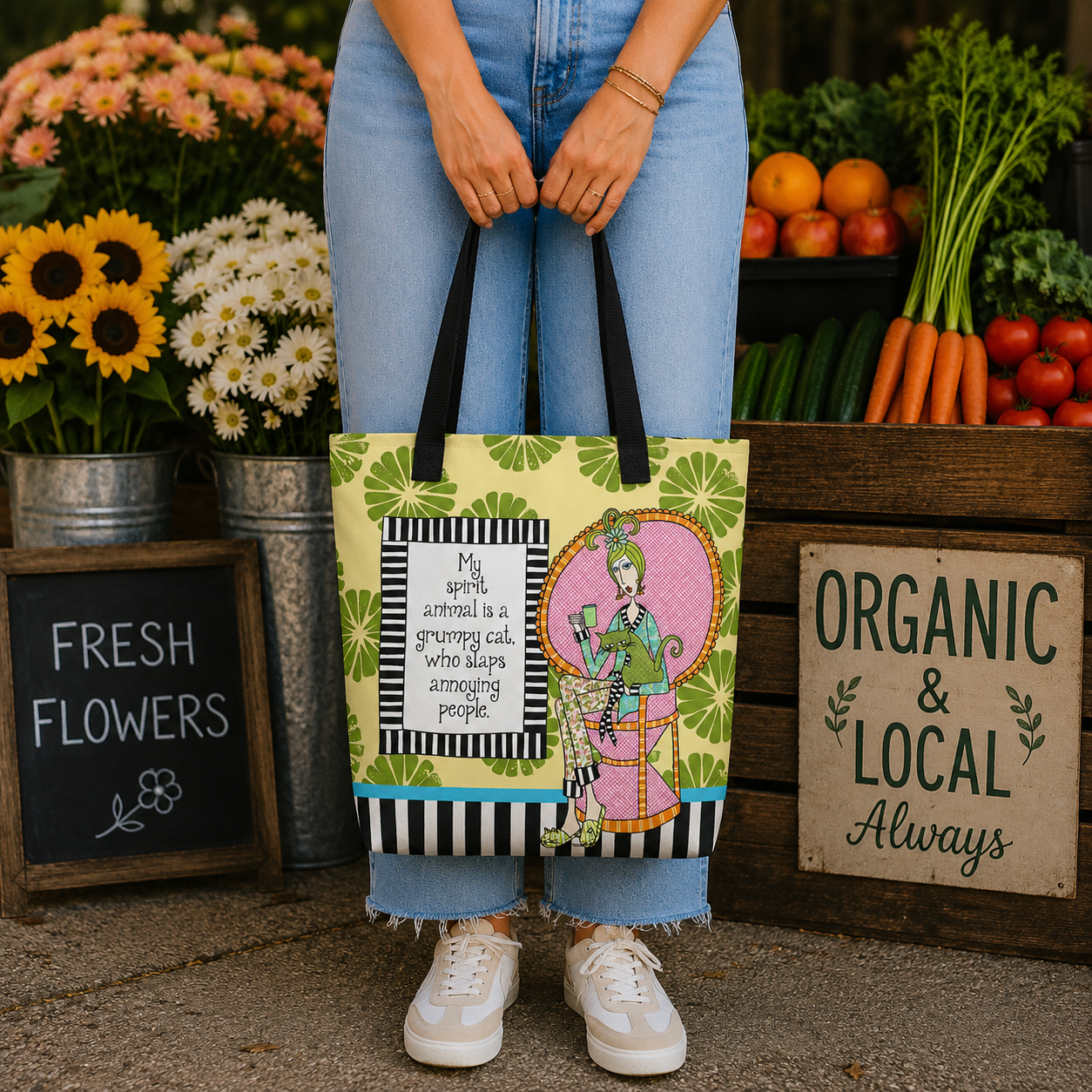 Funny cat lover tote bag for women – My Spirit Animal Is a Grumpy Cat Who Slaps Annoying People – Dolly Mama