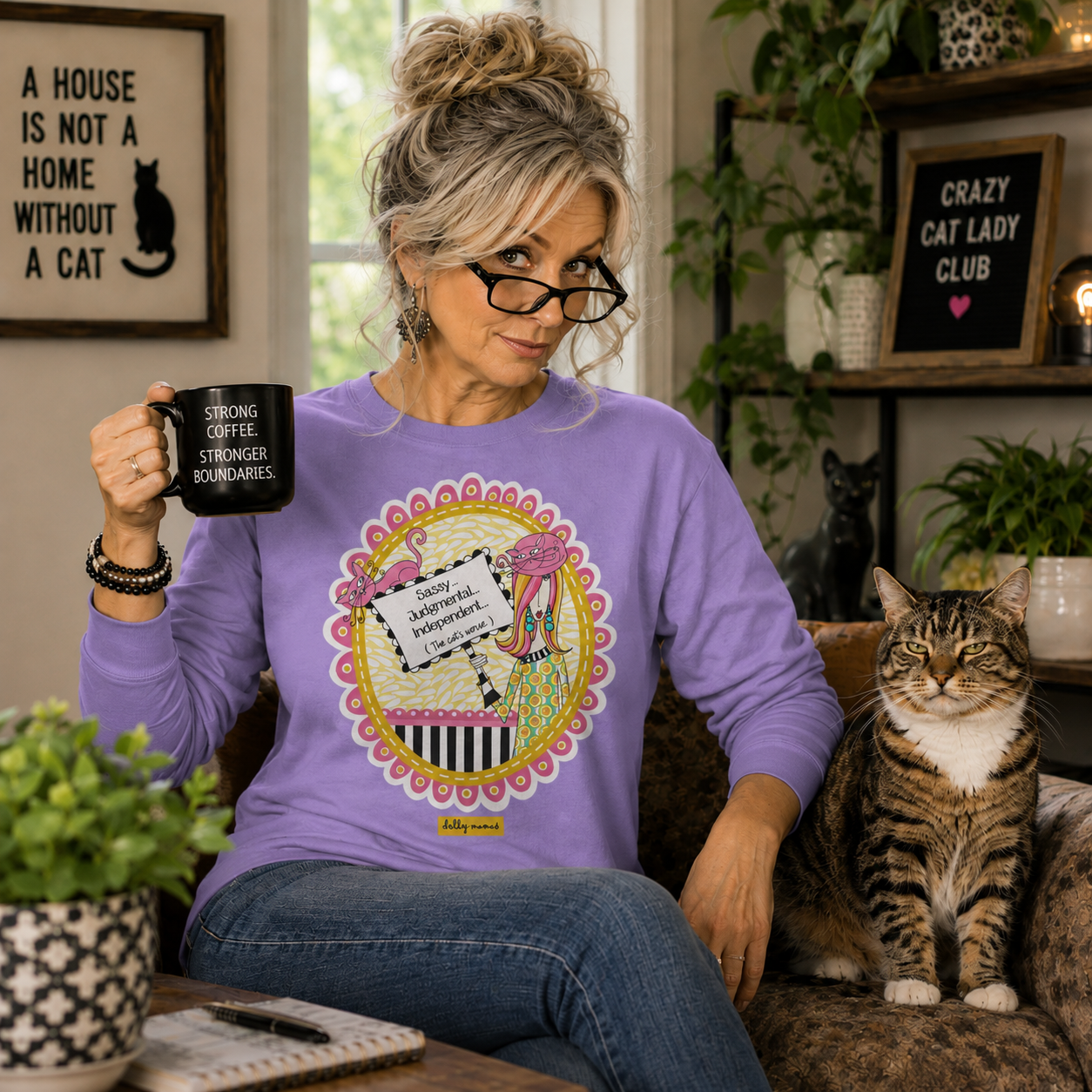 Funny Cat Lover Long Sleeve T-Shirt Violet – Sassy Judgmental Independent The Cat's Worse | Dolly Mama