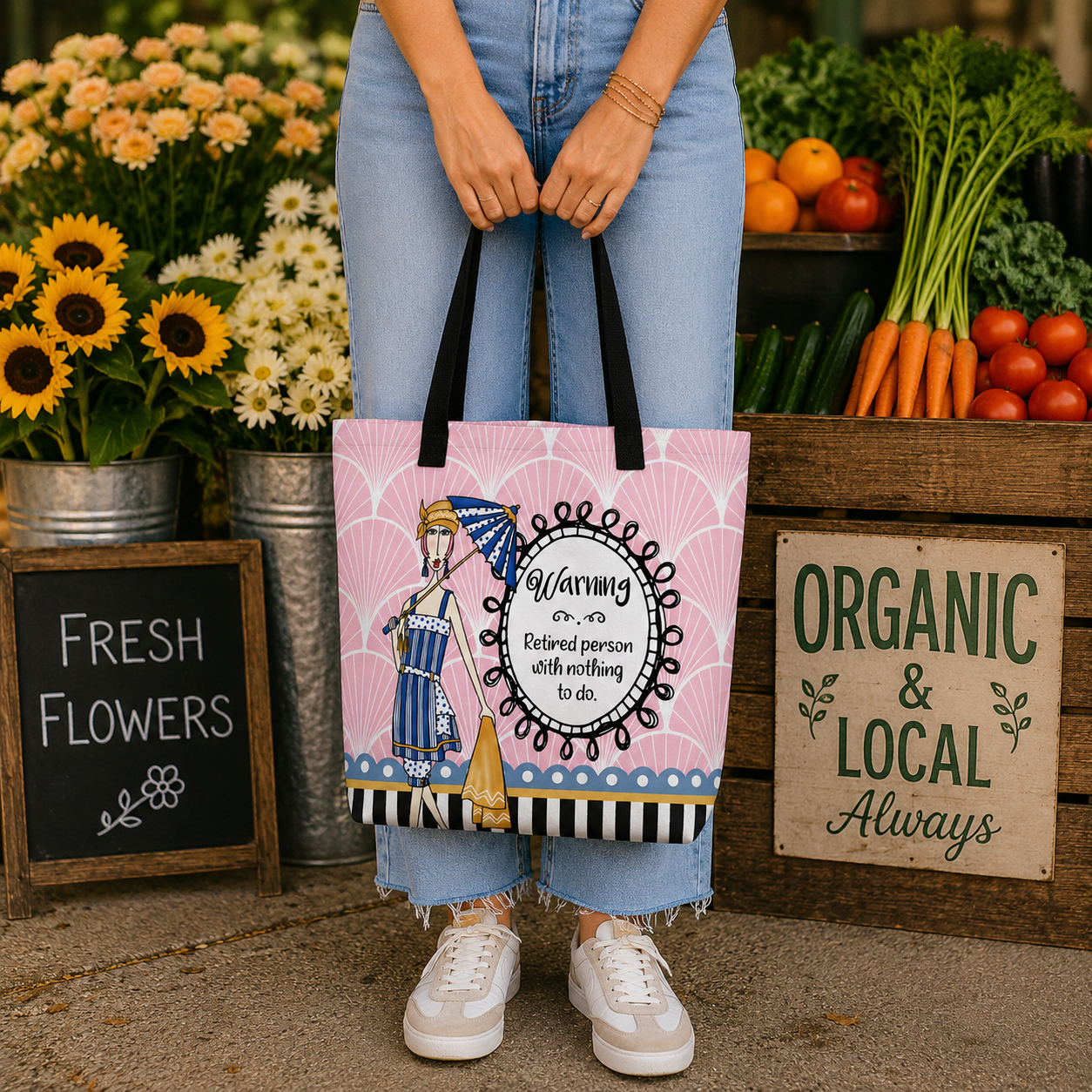 Funny retirement tote bag for women – Warning Retired Person with Nothing to Do – Dolly Mama