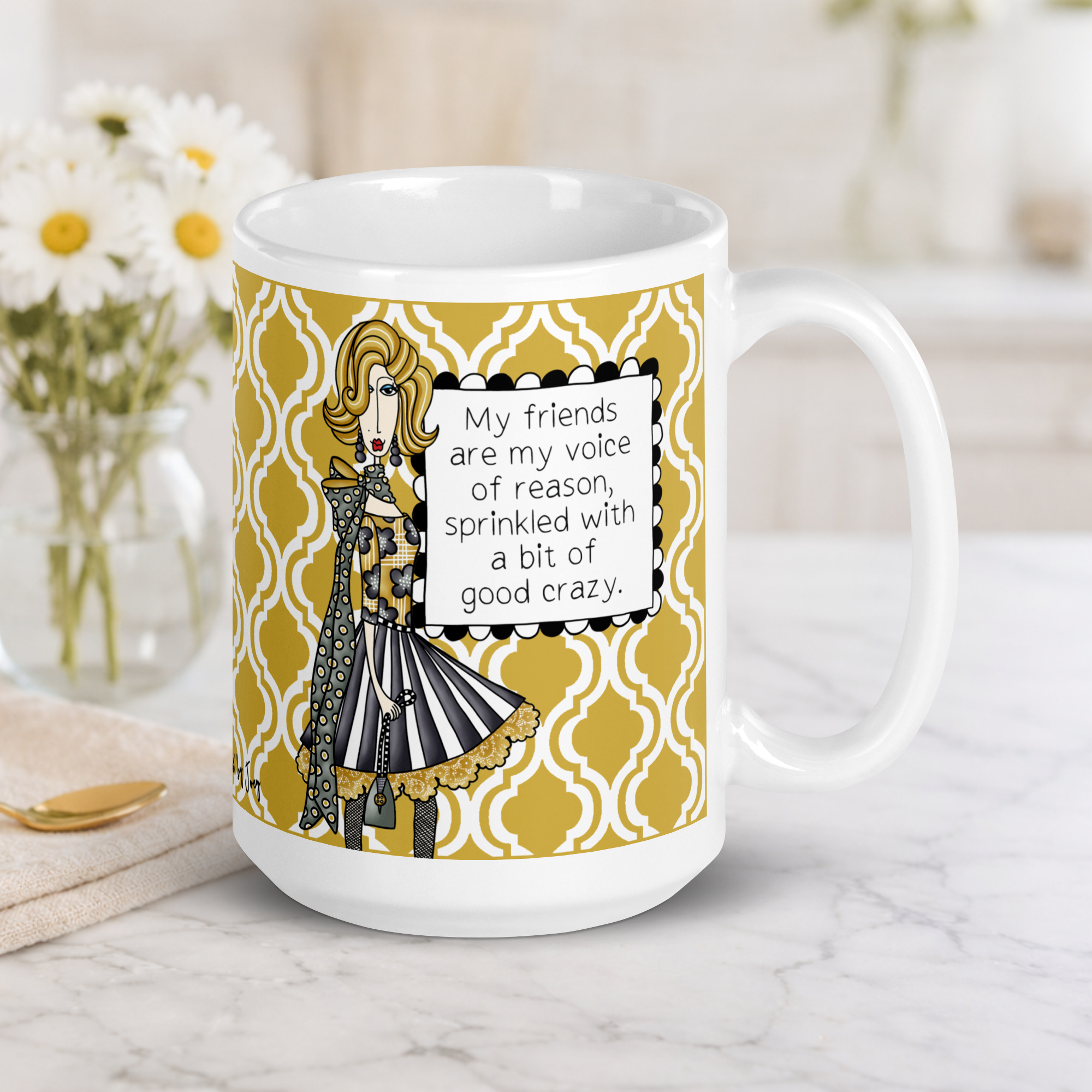"Funny best friend coffee mug – 'My friends are my voice of reason, sprinkled with a bit of good crazy' – ceramic gift mug for women and best friends"
