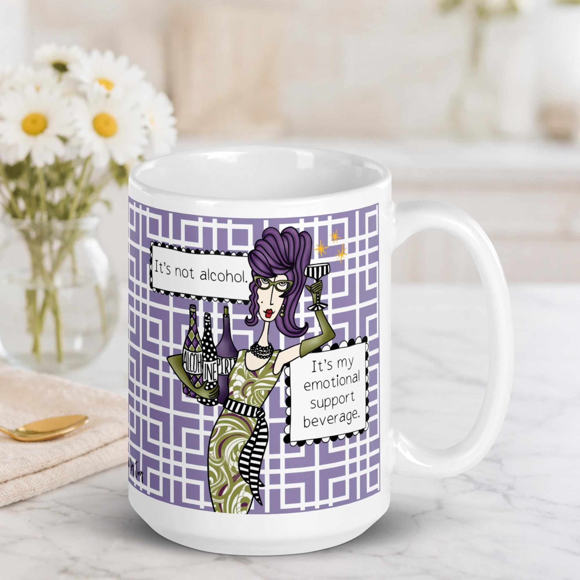 "Funny wine lover coffee mug – 'It's not alcohol, it's my emotional support beverage' – ceramic gift mug for women who love wine and humor"
