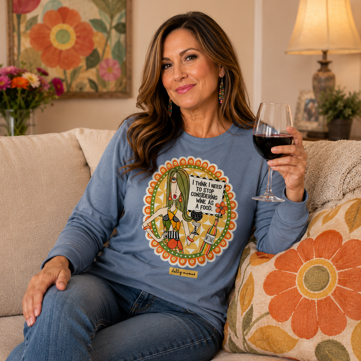 Funny Wine Long Sleeve T-Shirt Blue Jean – I Think I Need to Stop Considering Wine as a Food | Dolly Mama
